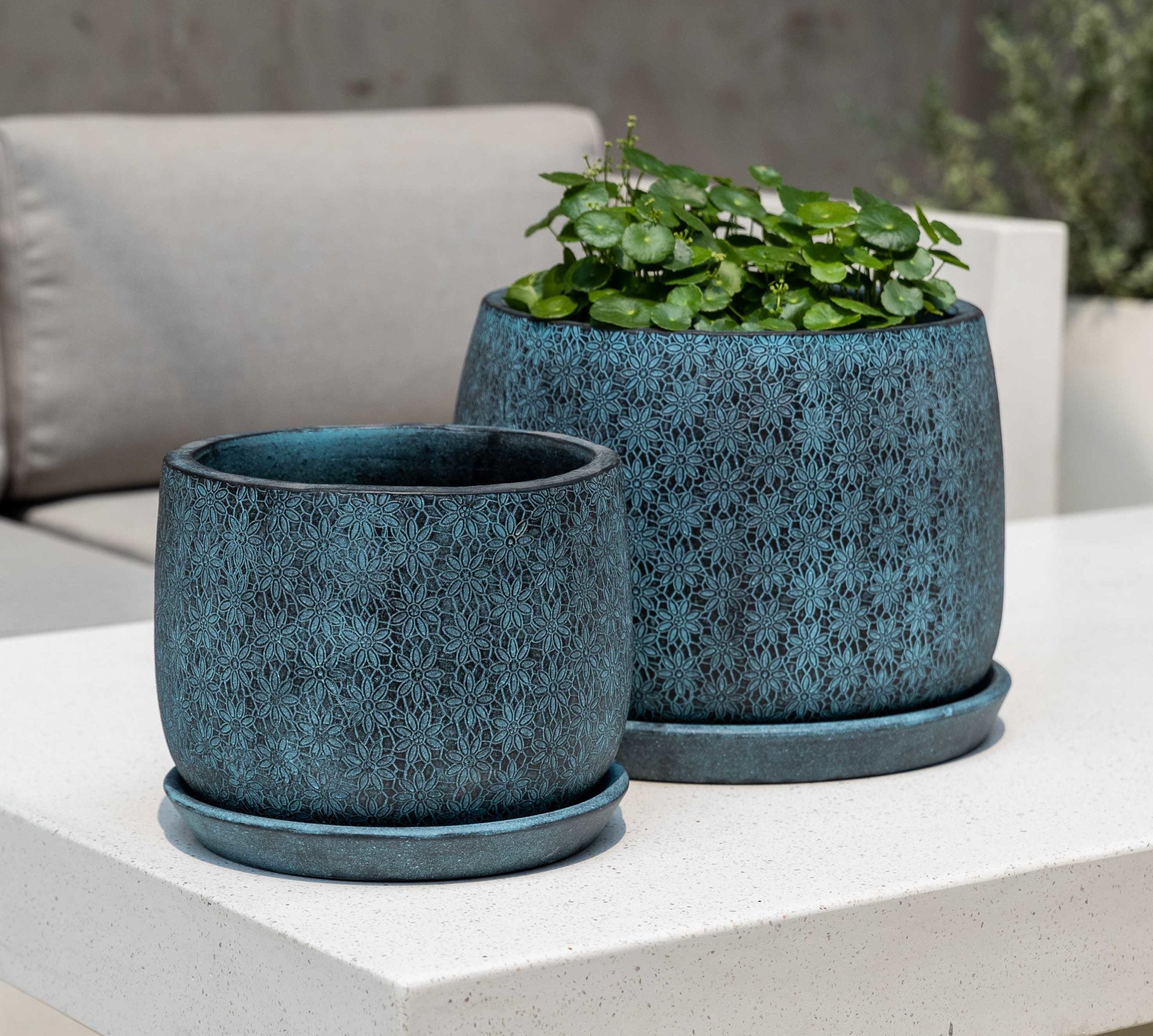 Campania Marguerite Round Planter - Set of 8 - Etched Blue / Large